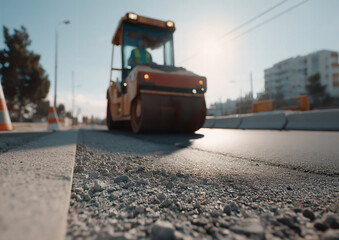 Construction Work with Roller on Roadway