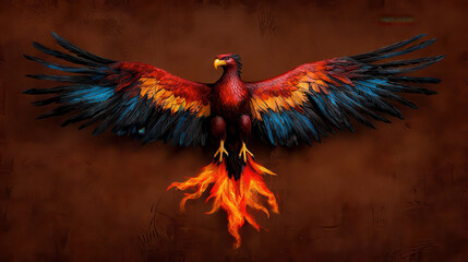 Obraz premium Colorful Phoenix with Fiery Tail against Brown Background