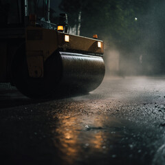 Nighttime Road Repair: Roller in Rain
