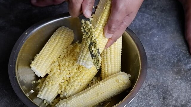 the process of slicing corn for cooking