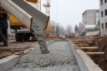Construction Workers Pouring Concrete on Urban Development Site