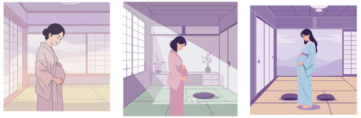 Pregnant Japanese woman hugging belly, vector, icons set / お腹を抱きしめる妊娠中の日本人女性、ベクター、アイコンセット
