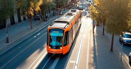 Orange tram moving along tracks surrounded by trees and buildings under sunlight in urban environment. Road traffic and pedestrians in background - Powered by Adobe