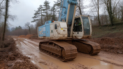 Heavy Excavator in Action on Muddy Construction Site