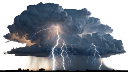 Massive dark cumulonimbus storm clouds with multiple bright lightning strikes and heavy rain shaft isolated on a transparent background