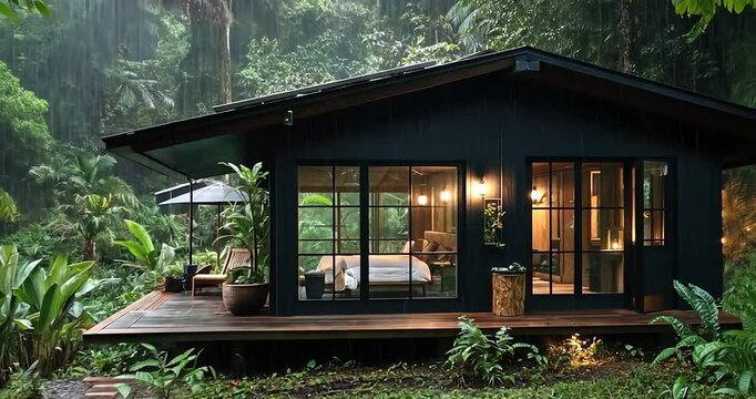 Video of a cabin in a lush green forest during a rainstorm with interior lights glowing. The cabin has a wooden deck and glass windows, blending with nature