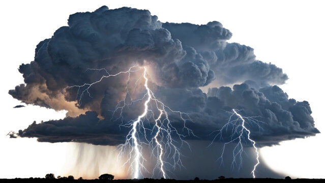 Massive dark cumulonimbus storm clouds with multiple bright lightning strikes and heavy rain shaft isolated on a transparent background