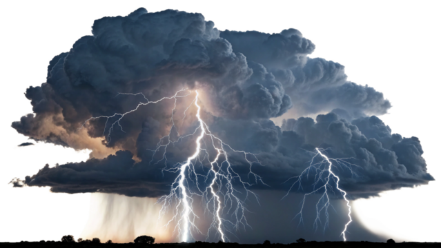 Massive dark cumulonimbus storm clouds with multiple bright lightning strikes and heavy rain shaft isolated on a transparent background