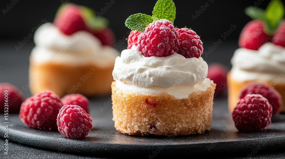 Poster an enticing display of mini raspberry cakes topped with cream, perfect for those who enjoy indulging