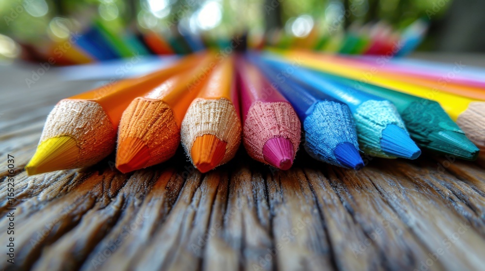 Poster a vibrant collection of colored pencils meticulously arranged, creating an artistic display that cap