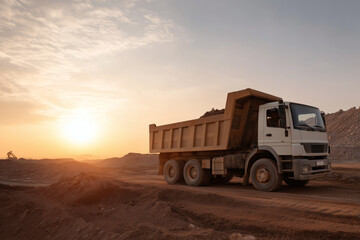 Heavy Dump Truck at Sunset in Construction Site