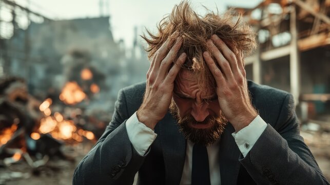 A distressed businessman with disheveled hair sits in a chaotic background, reflecting despair and uncertainty in the face of a crumbling world and overwhelming challenges. - Powered by Adobe