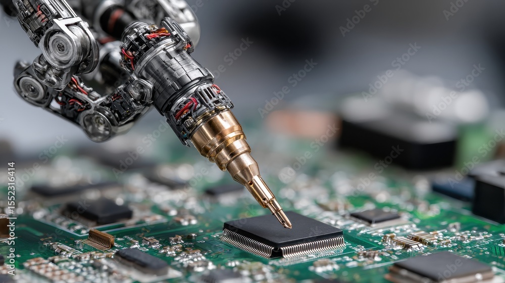 Aufkleber Robot arm soldering microchip on a circuit board with detailed clear futuristic design, technology concept, automated assembly with robotic precision