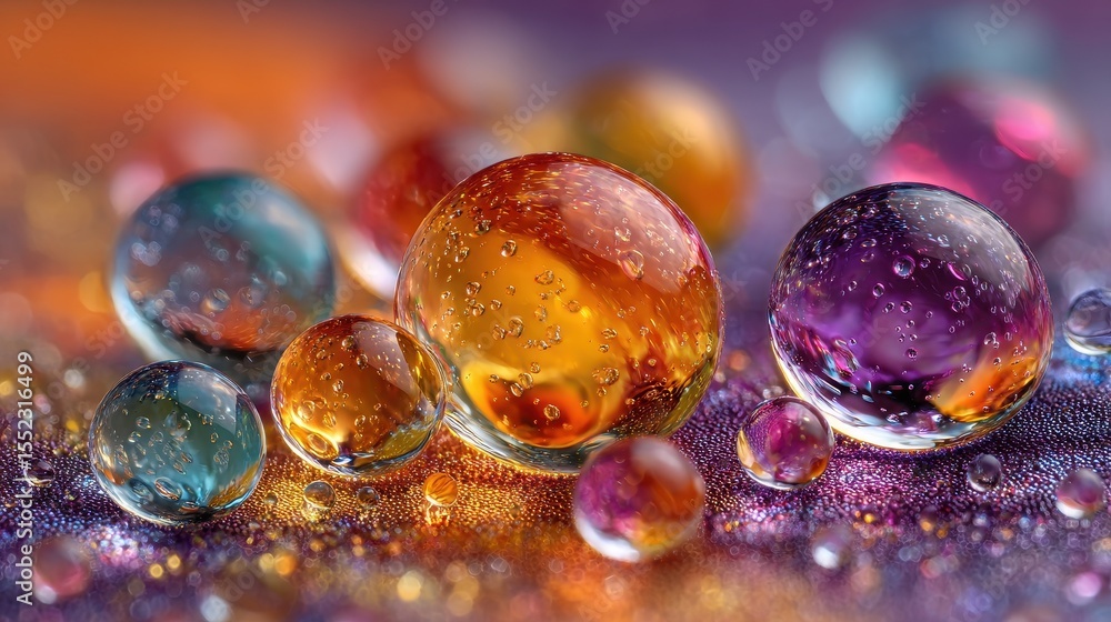Poster colorful glass marbles sit on a textured surface, refracting light and creating vibrant reflections 