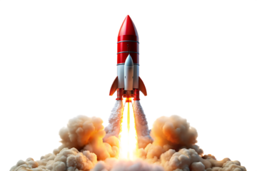 Red and white rocket blasting off with bright orange and yellow exhaust flames and smoke isolated on a transparent background