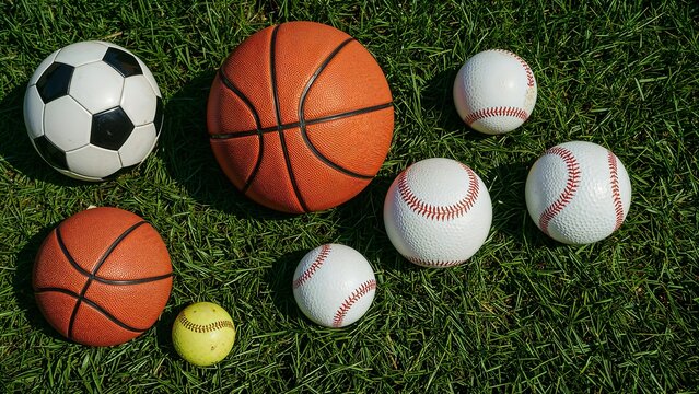 A collection of various sports balls such as soccer, basketball, tennis, baseball, and golf are placed on the green grass,set,green,vollyball