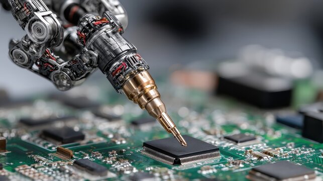 Robot arm soldering microchip on a circuit board with detailed clear futuristic design, technology concept, automated assembly with robotic precision
