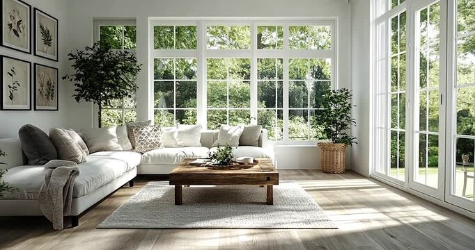 Bright living room interior with large windows white sofas wooden coffee table and greenery Natural sunlight illuminates the space creating a peaceful atmosphere