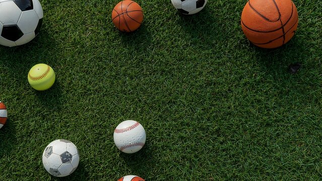 A collection of various sports balls such as soccer, basketball, tennis, baseball, and golf are placed on the green grass,golf,soccer,rugby