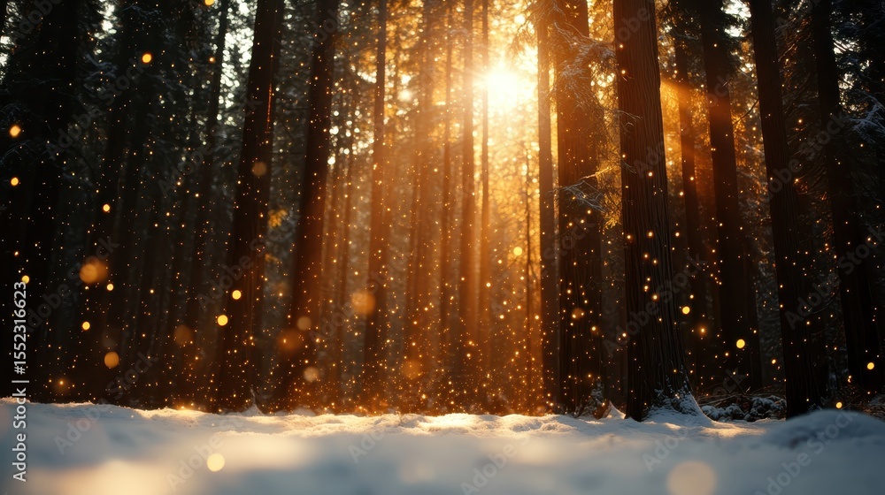 Poster beautiful sunlight filters through towering trees in a serene winter forest, highlighting the tranqu