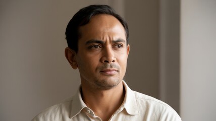 Obraz premium Thoughtful asian male young adult in white shirt looking away indoors