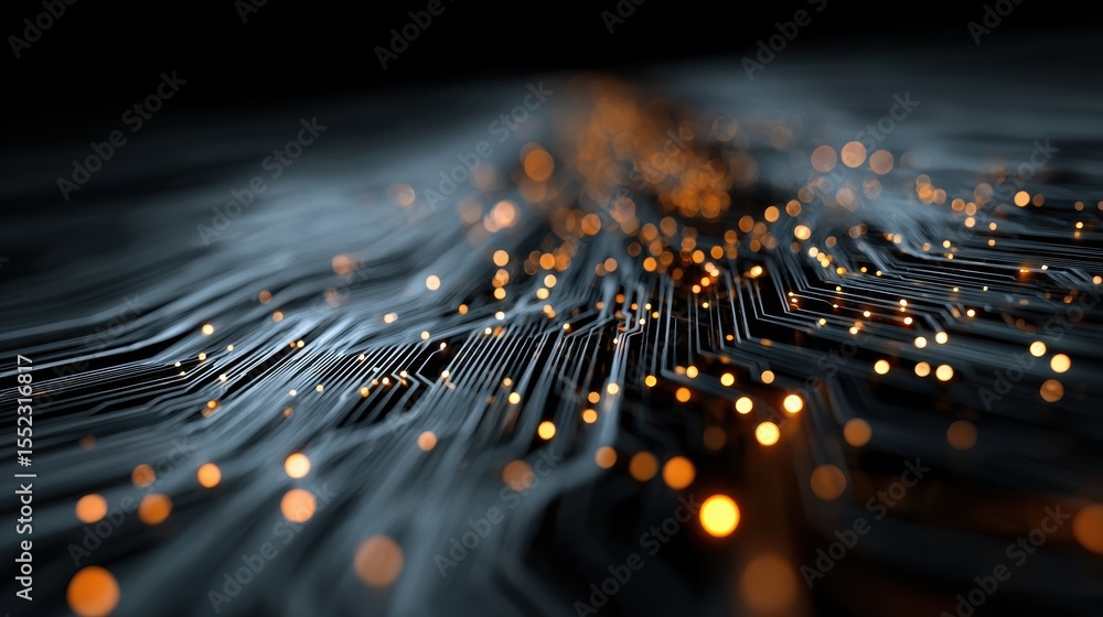 Poster Digital network conceptualization showing data flow and connectivity across an abstract futuristic circuit board