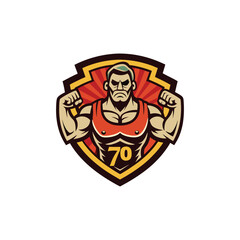 Vintage retro badge logo featuring 1970s classic bodybuilder flexing muscles. Old-school fitness gym emblem design perfect for bodybuilding, supplement brands, and strength training merchandise.