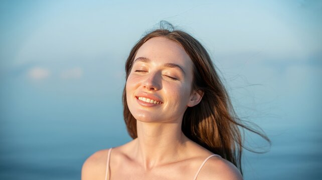 Smiling woman enjoys the sunlight with eyes closed by the sea - Powered by Adobe