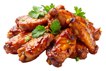 Pile of glistening glazed chicken wings with fresh parsley garnish isolated on a transparent background