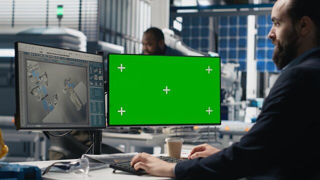 Solar panel specialist uses green screen and oversees manufacturing strategy, combining industrial insight with clean energy goals for sustainable solutions and development. Camera B.