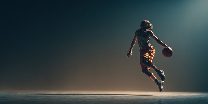 Female basketball player jumping and dribbling ball in dark arena  