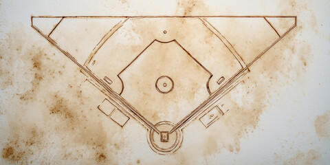 Fototapeta premium Baseball field layout retro sketch on textured brown background 