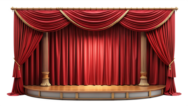 Red velvet theater stage with golden trim and wooden floor A I Generated isolated on a transparent background