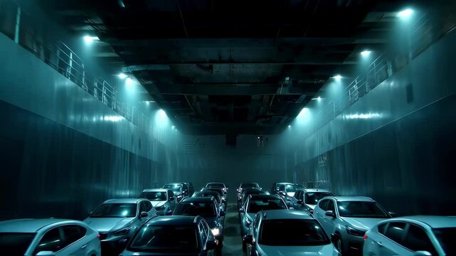A nighttime scene where floodlights illuminate the vehicle carrier revealing the shipment of cars being unloaded as they gleam in the artificial light against a dark sky.