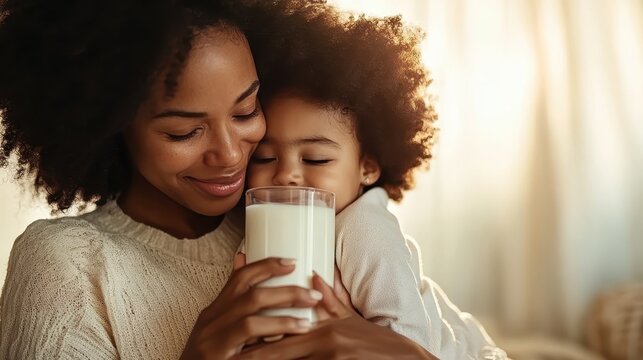 A tender moment between a smiling mother and her child enjoying a glass of milk, showcasing love, connection, and warmth in a cozy, well-lit setting.