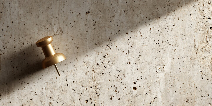 Golden pushpin on textured surface with shadow and natural light  