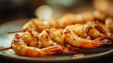 Grilled shrimp on skewers served on a plate with a blurred background  