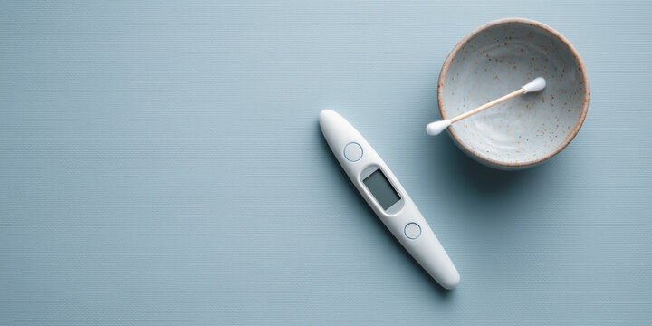 Thermometer and cotton swab in bowl on blue background  