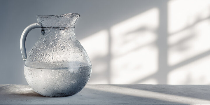 Glass pitcher with water on table in natural light setting  