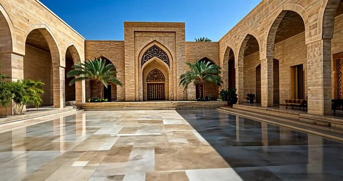 Interior courtyard with arched walkways and a marble floor featuring a central entrance with lush green plants under a bright blue sky