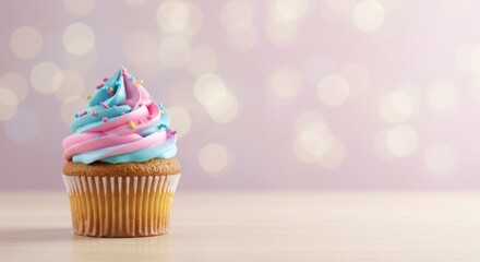Single cupcake with pink and blue frosting and colorful sprinkles on a wooden table with blurry bokeh background. Sweet dessert for birthday, party, celebration.