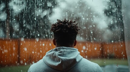 A solitary man in a hoodie gazes out at the rain-soaked world through a window, reflecting on emotions and solitude, capturing the beauty of introspection amidst dreary weather.