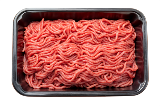 Raw ground beef in a black plastic tray container with a black background isolated on a transparent background 2