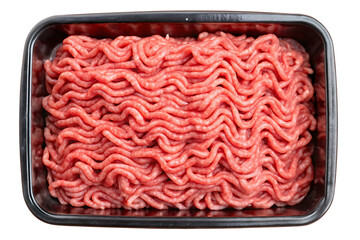Raw minced beef in black plastic tray container with wavy texture isolated on a transparent background