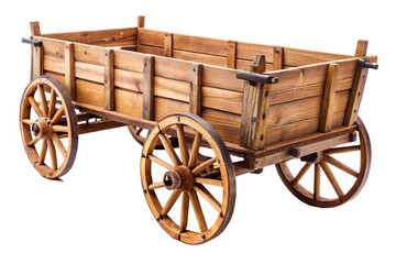 Fototapeta premium Rustic wooden wagon with large spoked wheels and plank construction isolated on a transparent background