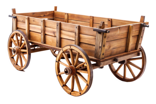Rustic wooden wagon with large spoked wheels and plank construction isolated on a transparent background