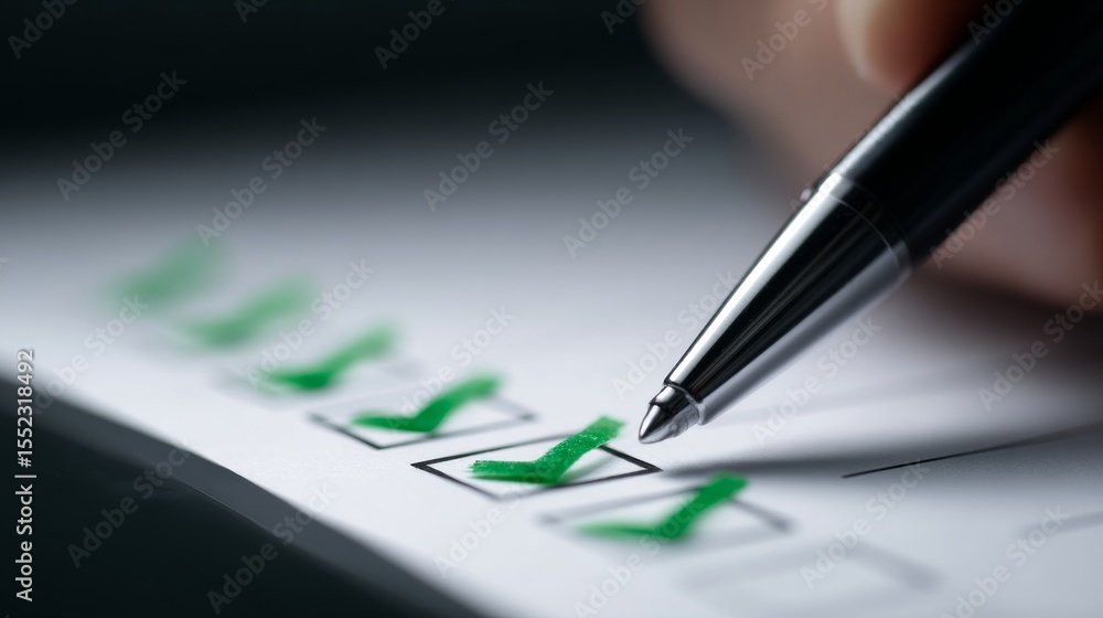 Poster a close-up of a pen marking checkboxes on a paper. the green ticks symbolize completion and success.