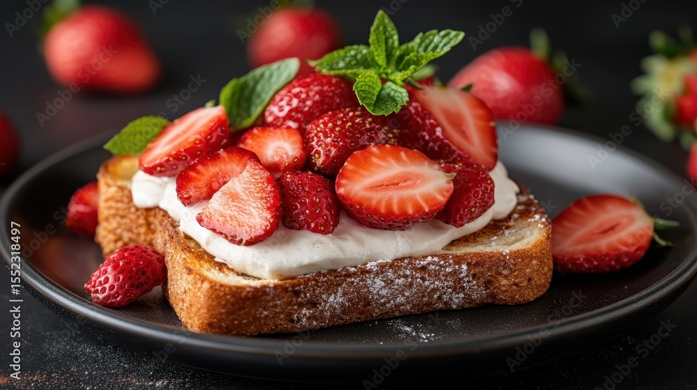Poster a visually appealing slice of cake generously topped with fresh strawberries and cream, garnished wi
