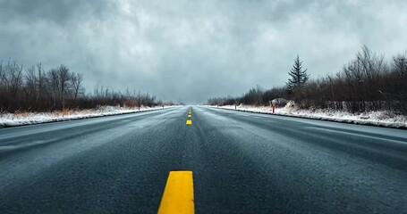 Asphalt road with yellow lines leading towards the horizon under an overcast sky with snowy landscape. Dramatic lighting, cold weather scene - Powered by Adobe