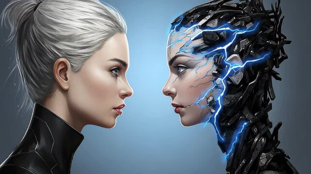Duality: A stunning digital artwork that explores the interplay of human versus cybernetic, emotion versus technology, and natural beauty versus the futuristic.
